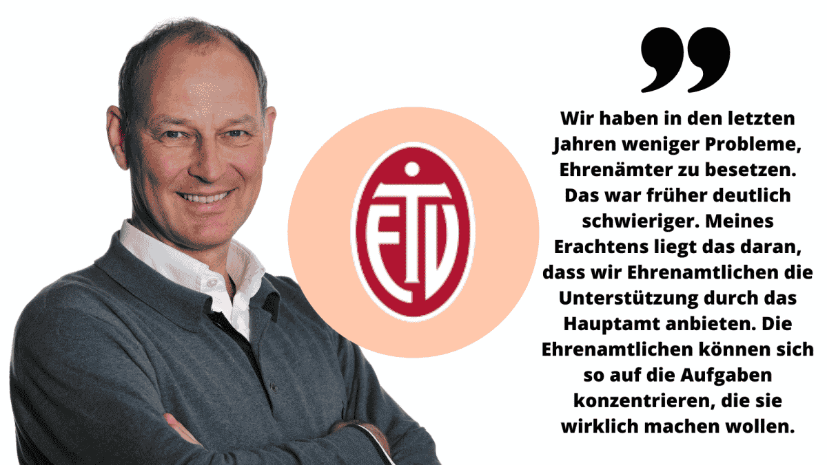 Portrait Frank Fechner, das Logo vom ETV und ein Zitat darüber, dass sie durch hauptamtliche Kräfte leichter Ehrenamtliche finden